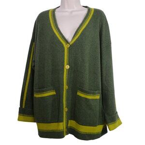 Sevenday Green Yellow Cardigan Grandpa Sweater Women Size L Pockets Button Up